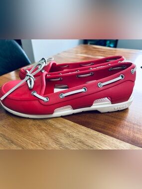 CROCS Red and White Boat Shoe